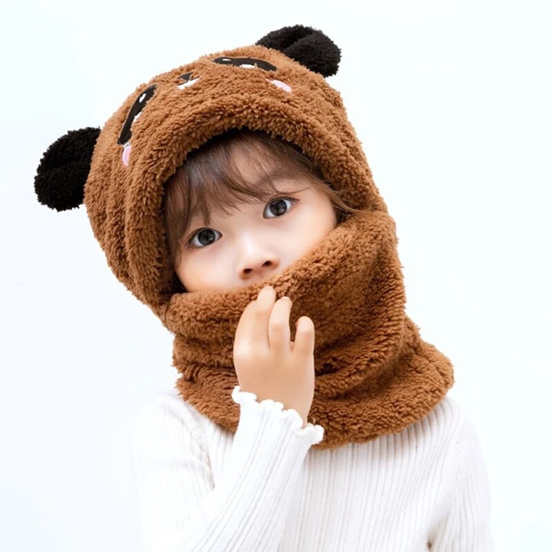 Cute Cartoon Panda Baby Hat With Scarf Winter Velvet Plush Thick Warm Beanie Cap Children Full Cover Earflap Hood