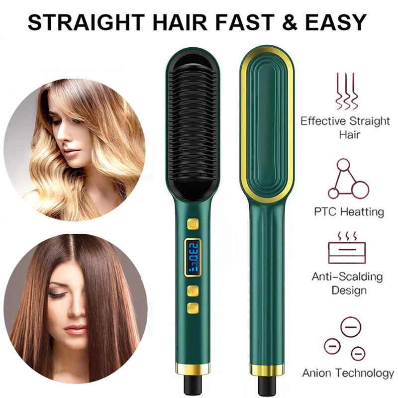 2 In 1 Hair Straighteners Brush Smoothing Iron Lcd Display Negative Ion Fast Heating Anti-Scald Hair Straightening&Curling Comb