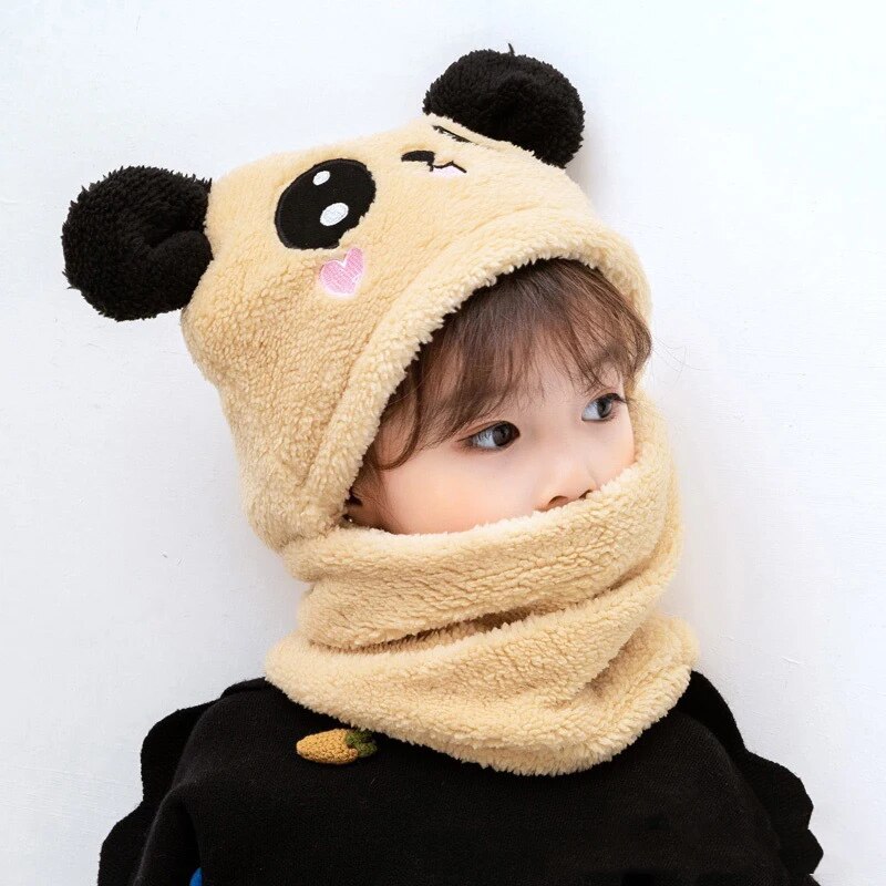 Cute Cartoon Panda Baby Hat With Scarf Winter Velvet Plush Thick Warm Beanie Cap Children Full Cover Earflap Hood