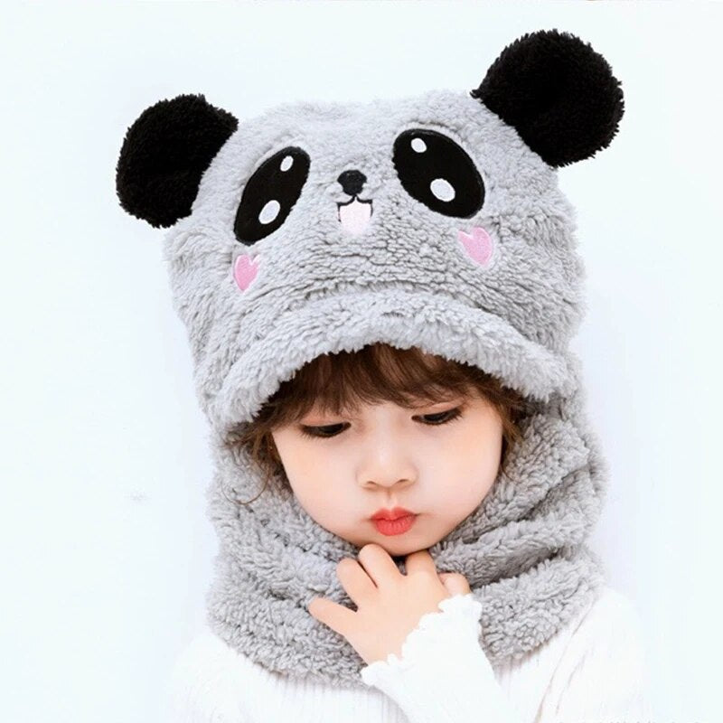 Cute Cartoon Panda Baby Hat With Scarf Winter Velvet Plush Thick Warm Beanie Cap Children Full Cover Earflap Hood