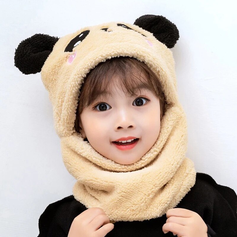 Cute Cartoon Panda Baby Hat With Scarf Winter Velvet Plush Thick Warm Beanie Cap Children Full Cover Earflap Hood