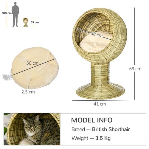 PawHut Raised Cat House, Natural Mat Grass Cat Bed w/ Stand Cushion, 41x 69 cm